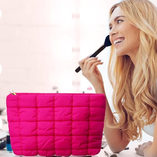 Hillban Hot Pink Puffy Quilted Makeup Bag for Women Gift, Classic - color: Hot Pink, size: Classic