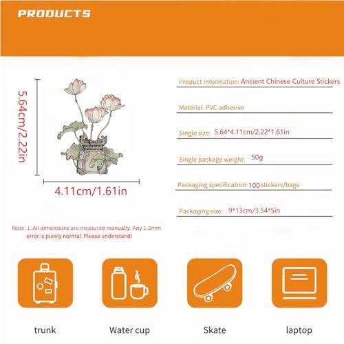 100 Pcs Ancient Chinese Culture Stickers，Traditional Chinese Architectural Art，Vinyl Waterproof Decal,Perfect for Kids,Teens,Water Bottle Suitcase Phone Skateboard Guitar Bike Laptop Scrapbook - size: Lotus