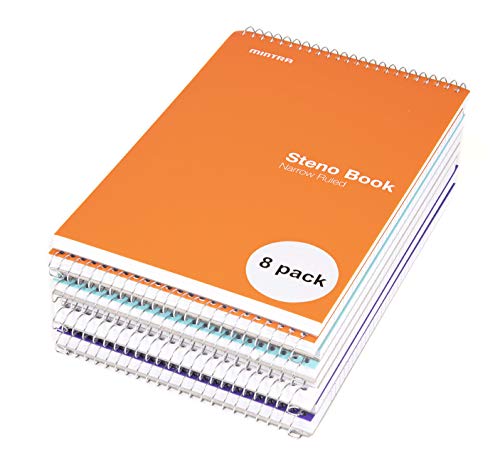 Mintra Office Steno Book - (BRIGHTS - Purp/Wht/Teal/Orange) - Poly Cover, 6in x 9in, 100 sheets, Narrow Ruled for Writing Notes for school, office, work, 6x9 steno notepad, top bound spiral notebook (8 PACK) - color: Poly Pastel Cover 8pk, size: Narrow Ru