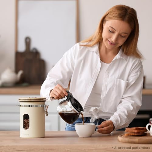 Veken Coffee Canister with Window, Airtight Stainless Steel Container, 22OZ - color: Cream, size: 22 oz