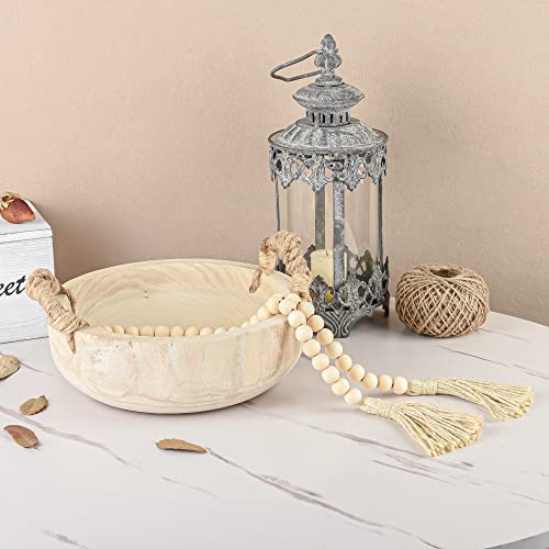 Paulownia Wood Bowl Rustic Wooden Dough Decorative Round Serving Key Bowl with Rope Handle and Wood Bead Garland for Christmas Tabletop Centerpiece Home Decor 9.5 inches