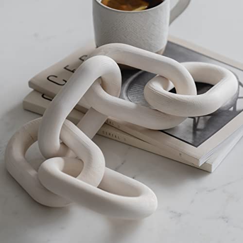 PEAKOLY Wood Chain Link Decor - White Wooden Decorative Objects for Shelves, Coffee Table Sculpture, Book Shelf Accessories, Modern Shelf Decor Accents, Console or Entryway Table Decorations - color: Whitewashed