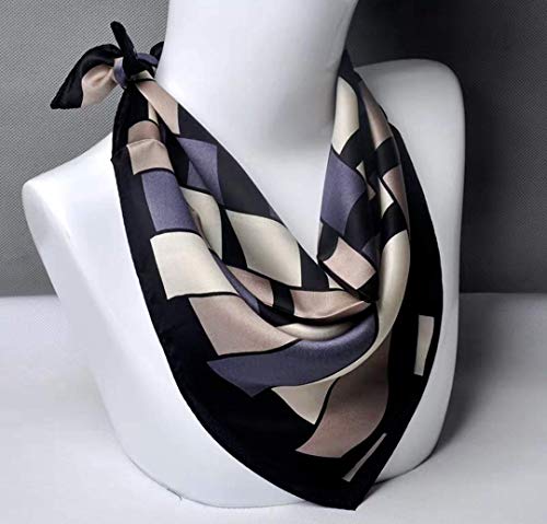 ANDANTINO 100% Mulberry Silk Scarf -21” Square Neckerchief with Gift Packed - color: Black & Purple Geometric