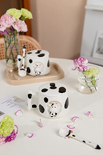 DIHOclub Adorable 3D Ceramic Cow Mug with Lid and Spoon - Perfect for Coffee, Tea, Milk, and More - Ideal Gift for Animal Lovers Gift for Mather- 14 Ounces(BLack white) - color: BLack white