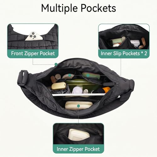 Puffer Crossbody Hobo Bag for Women Nylon Quilted Purse Lightweight Shoulder Handbag with Adjustable Strap - color: 02-black