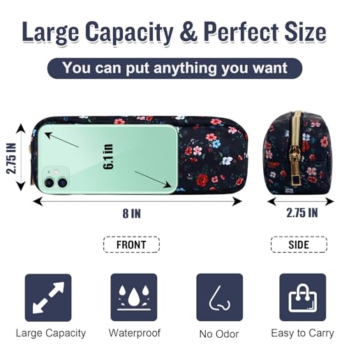Nylon Small Floral Makeup Bag Slim Pouch, Preppy Cute Travel Makeup Brush Case Cosmetic Zipper Pouch for Purse, Waterproof Toiletry Bag Makeup Organizer Travel Essentials for Women(Navy Blue-Flower) - color: Navy Blue-Flower, size: Slim