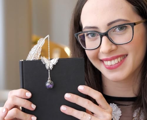 Toirxarn Metal Feather Bookmark, Back to School Teacher Gift for Women - color: Feather Silver - Purple Crystal With White Flower