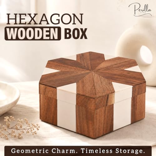 Perilla Home Hexagon Wooden Box, Brown and White, Wood and Resin, 9.54x8.07x3.15 Inch, Decorative - color: Brown and White
