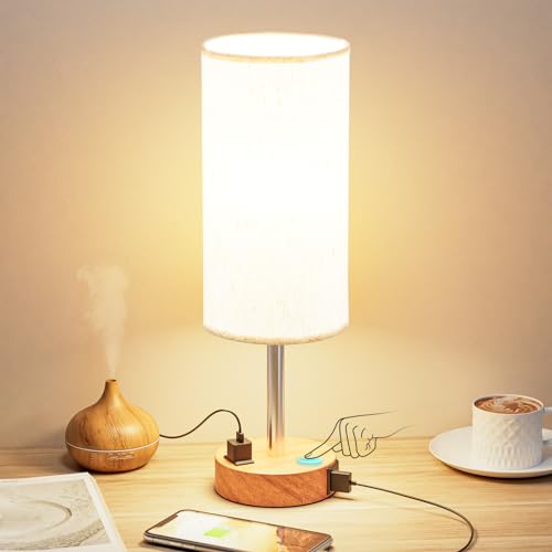 Fenmzee Bedside Table Lamp for Bedroom - Dimmable Touch, USB A+C, AC Outlet - color: Cream Shade-Wood Base, size: 14"