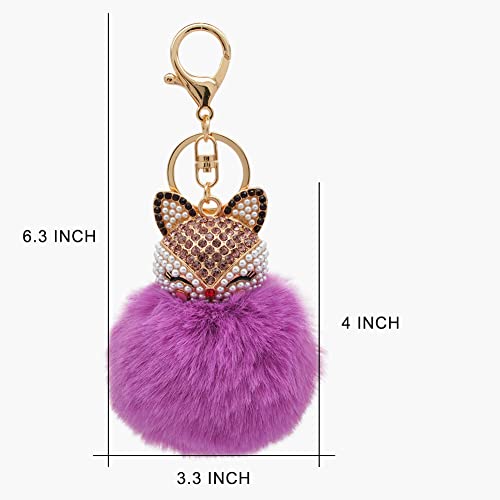 Faux Rabbit Fur Pom Pom Keychain with Fox Head - color: Purple