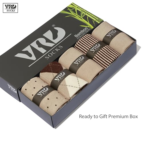 VRD Men's Dress Socks Bamboo Rayon, 5-Pack Crew Socks, Multiple Colors and Designs, Shoe Size 8-13, Gift Box - color: 05: Camel Beige, 5-pack Mix (2 Solid, 1 Striped, 1 Dotted, 1 Argyle)
