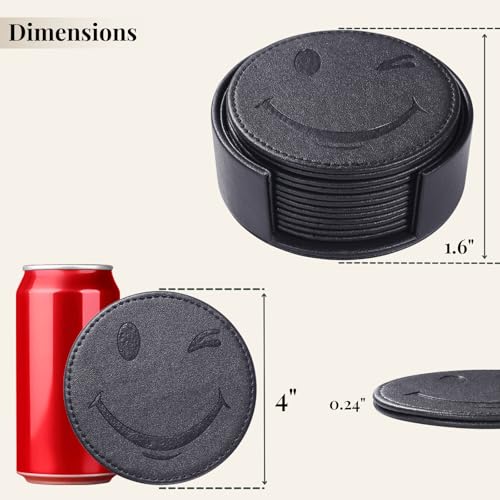 Coasters for Drinks Set of 6 with Holder, 6-Piece Leather Coasters with Embossed Smiley Designs - Durable Drink Coasters Set for Home, Bar, or Office - Black - color: Black