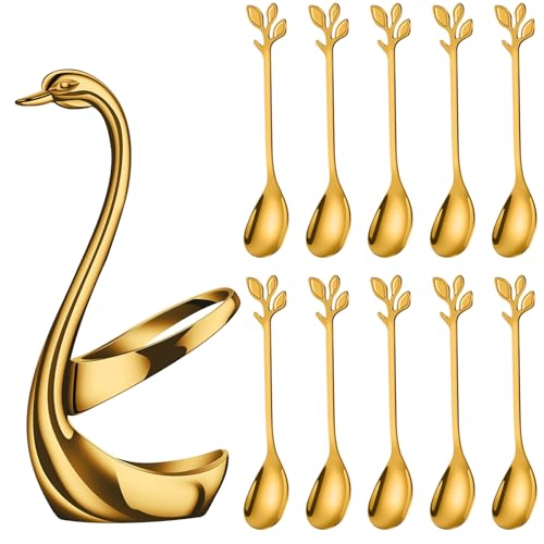 AnSaw Gold Swan Base With 10-Pcs Mini Leaf Coffee Spoon Holder Set - 4.7" - color: Gold Swan
