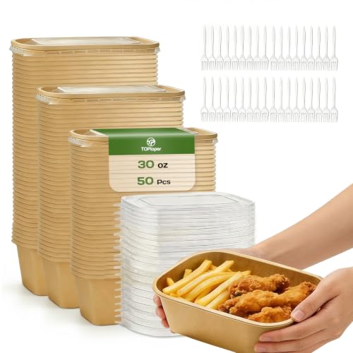 TOPtoper 50 Pack 30 OZ Disposable Meal Prep Containers with Lids and Forks, Large Kraft Paper Bowls for Party, Disposable Food Containers with Lids, Freezer and Microwave Safe Meal Prep Containers - size: 30 OZ
