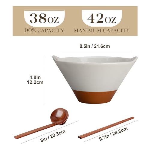 MALACASA 42 oz Ceramic Ramen Bowls with Chopsticks & Spoon, Grey & Khaki - color: Gray and Khaki