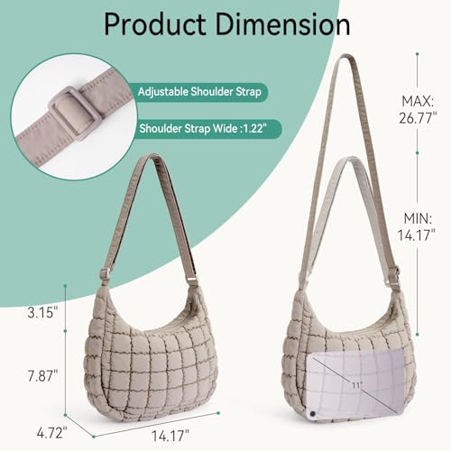 Puffer Crossbody Hobo Bag for Women Nylon Quilted Purse Lightweight Shoulder Handbag with Adjustable Strap - color: 01-gray Brown