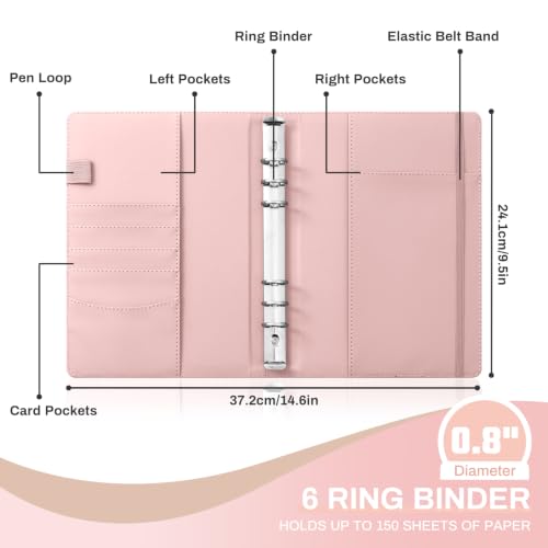 Ovesmusl Aesthetic A5 Binder 6 Ring, PU Leather Refillable Planner Cover - color: Pink-flowers, size: A5