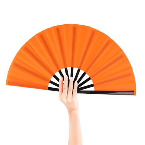 2 Pack Large Folding Hand Fan for Men/Women, Rave Fan Vintage Retro Fabric Fans, Chinese Kung Fu Tai Chi Hand Fan for Festival, Dance, Gift, Performance, Decorations (Orange) - color: 2 Orange