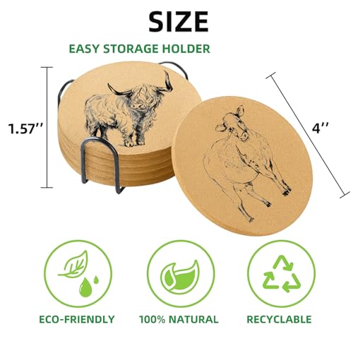 Hand Drawn Cow Coasters with Holder Set of 6,Farm Illustration Absorbent Cork Coaster for Cup Desk Office Table Kitchen Decor House Warming Gifts for New Home Couples, Round 4" - color: Cow