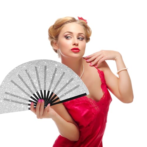 Large Folding Hand Fan Glitter Large Rave Hand Fan, Folding Shiny Hand Fan Clack Handheld Fan Women Handheld Fan with Bag for Festival, Disco Party, Club, Dance, EDM, Home Decoration(Silver) - color: Silver