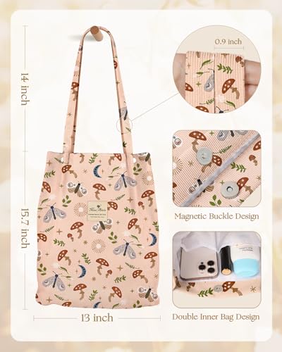 Miss Adola Corduroy Tote Bag for Women Cute Design - color: Mushroom Butterfly