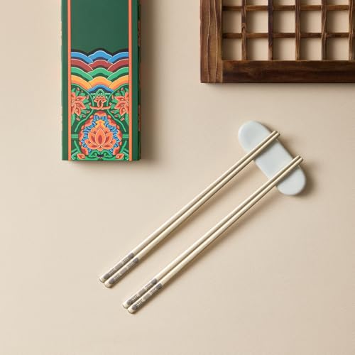 Korean Matte Gold Stainless Steel Chopsticks, 2 Pairs, Dancheong Engraved - color: Gold