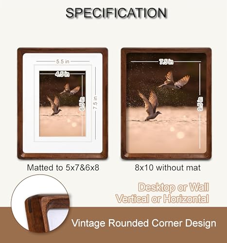 8x10 Picture Frame, USA-Sourced Natural Walnut Wood with Real Glass, Handcrafted Rounded Corners, Matted to 5x7/6x8 Photos, Gallery Wall and Tabletop Display - color: Walnut, size: 8x10