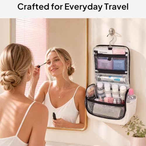Travel Toiletry Bag for Women & Men, Waterproof Hanging Makeup Organizer - color: Beige