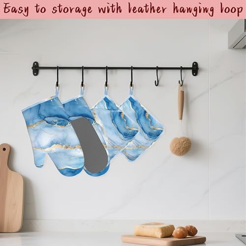 Blue Gold Marble Heat-Resistant Silicone Oven Mitts and Pot Holder 4 Piece Set,Non-Slip Kitchen Oven Gloves for Baking, BBQ, Cooking,Grilling - color: Blue Gold Marble