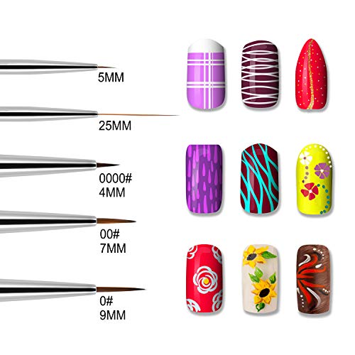 Beaute Galleria 5 Pieces Nail Art Brush Set with Liners (4mm, 7mm, 9mm) Striping Brushes (5mm, 25mm), for Thin Fine Line Drawing, Detail Painting, Striping, Blending, One Stroke - size: 5 Piece Set