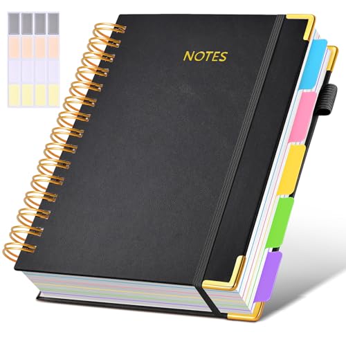 Hardcover Spiral Notebook journal with Removable Dividers Tabs, 300 Pages Leather 5 Subject Notebook College Ruled, 100GMS A5 Notebooks for Work School Note taking,Lined Journal for Women,A5-Black - color: Black, size: 6.2"x8.2"