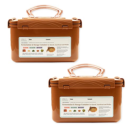 Crazy Korean Cooking Premium Kimchi, Sauerkraut Fermentation and Storage Container with Inner Vacuum Lid, Sandy Brown 1.3 Gal (5.2L) 2 PACK