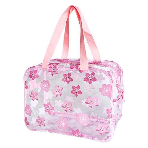 Clear Printed Floral Cosmetic Bag and Travel Pouch with Handle-Durable PVC Material,Versatile,Zipper Design for Smooth Sliding-Ideal for Makeup,Travel Essentials (Pink Floral#1-L) - color: A230023-5265-06-L