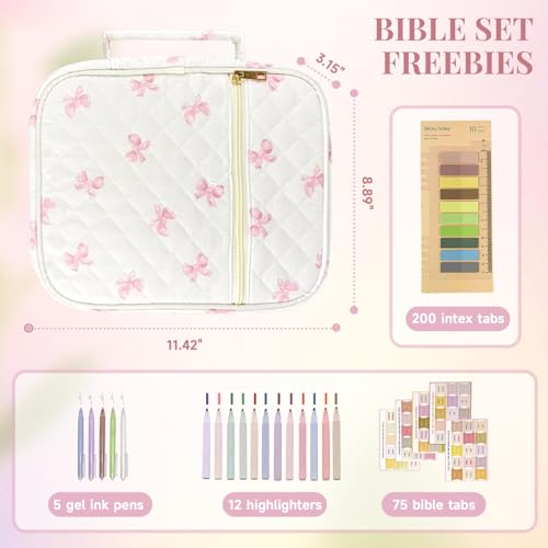 Bible Cover Case for Women,Bible Study Supplies Accessories,Bible Journaling Kit,Pink Flower Carrying Case with Highlighters