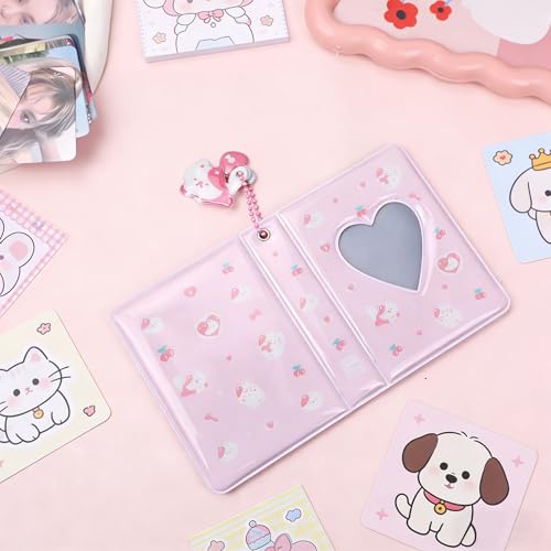 3 Inch Photocard Album Mini Photo Album, Love Heart Hollow Photocard Id Holder 40 Pockets With Pendant (Light pink) - color: Light pink