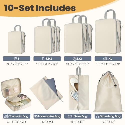 10-Set Compression Packing Cubes for Travel - color: Cream, size: 10-Set