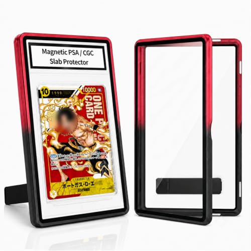 Magnetic PSA/CGC Slab Protector with Foldable Kickstand - UV Protection Tempered Glass & Aluminum Metal Bumper for 35PT PSA CGC CSG AGS, 9-Point Secure Lock Display Guard & Clear View (Black/Red) - color: Black/Red, size: PSA Card Case