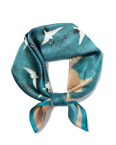 100% Mulberry Silk Scarf for Women Lightweight 21" Small Square Neck Scarf Headscarf Neckerchief Gift Packed - color: Blue Auspicious Cranes