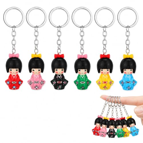 Gadpiparty 6pcs Traditional Japanese Kimono Kokeshi Doll Keychains Asian Geisha Figurine Ornament Bag Purse Charms DIY for Car Interior Hanging Decorations Random Color
