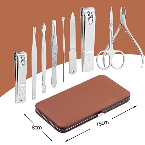 Manicure Set, FAMILIFE Professional Manicure Kit Nail Kit Mens Grooming Tools Pedicure Tool 9PCS Gifts for Men Boyfriend Stainless Steel Nail Clipper Set Leather Case Brown - color: Dark-brown