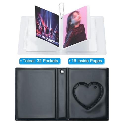 PATIKIL 3 Inch Mini Kpop Photocard Binder 2.5"x3.5" Album with 32 Pockets Small Bookshelf Love Heart Picture Holder Book for Collection, Black - color: Black