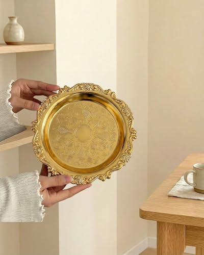Gold Decorative Tray Set of 2, 8'' Round Vintage Metal Vanity Tray for Perfume, Small Ornate Jewelry Dish, Bathroom Counter Organizer, Coffee Table Decor - color: Gold, size: 8''