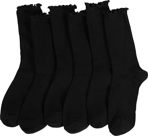 BomKinta Ruffle Socks Women Turn-Cuff Frilly Sock Cotton Crew Socks - color: All Black