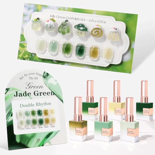 Double Rhythm 6 Pcs 15 ML Gel Polish Set Same Color Same Bottle Soak Off Gel Polish Kit Nail Art Manicure Salon DIY at Home for Women (Jelly Milky Light Green Olive Teal-T6-81) - color: Jelly Olive