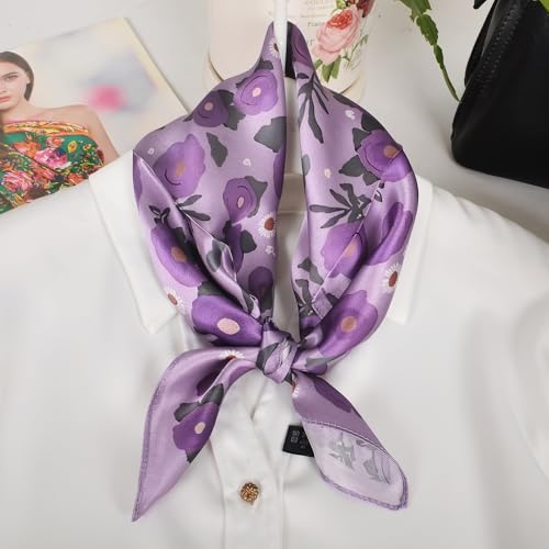 Women 100% Mulberry Silk Neck Scarf 21" Square Floral Neckerchief - color: Purple Floral