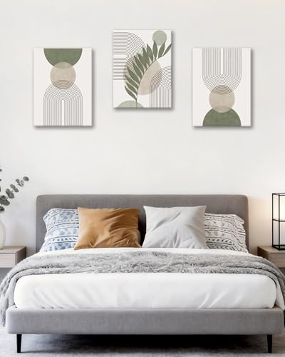 HesenDot 40x60CM Sage Green Boho Wall Art, Botanical Geometric Framed Canvas Bathroom Wall Art, Mid-Century Modern Wood Frame Abstract Prints for Living Room Bedroom Bathroom Home Decor, Set of 3 - color: Sage Green-Framed, size: 24"L x 16"W