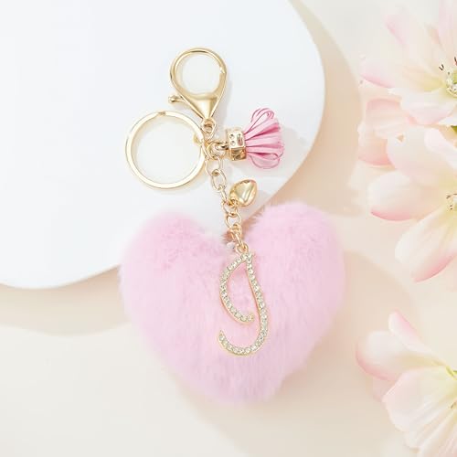 Initial Letter Heart Pom Pom Keychain for Women Pink Soft Fluffy Ball Key Ring for Purse Backpack Handbag - color: I