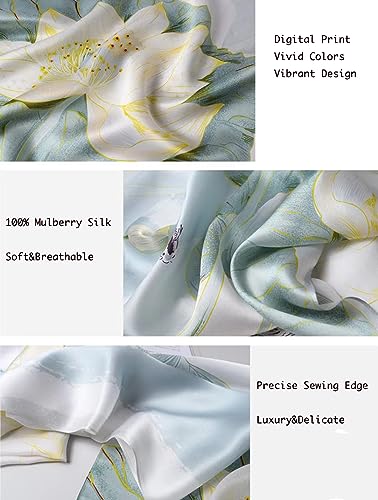 ANDANTINO 100% Silk Long Scarf-Women Large Oblong Shawls with Gift Packed - color: Light Green&white Lotus