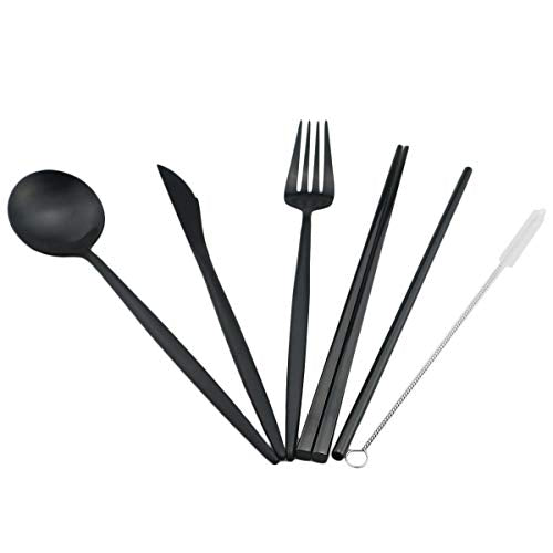 Luxury Black Matte Portable 18/10 Stainless Steel Travel Flatware Sets of 7 Portable Camping Cutlery Set, Healthy & Eco-Friendly Flatware Set with Carrying Case for Travel or Camping - color: Black, size: Black Pouch