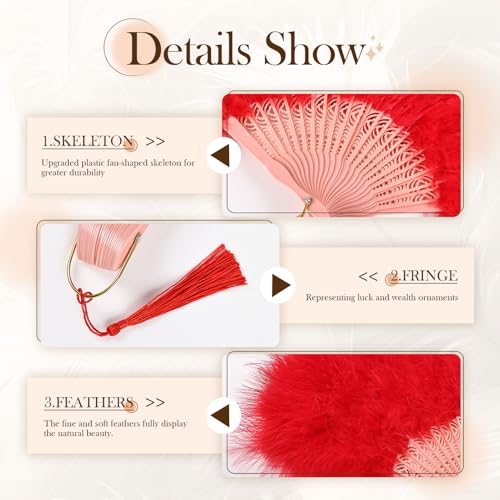 whitefeather Vintage Feather Hand Fan, 17.7 x 11.8 inches, Marabou Feathers, 1920s Style for Costume Parties, Tea Parties - color: Red